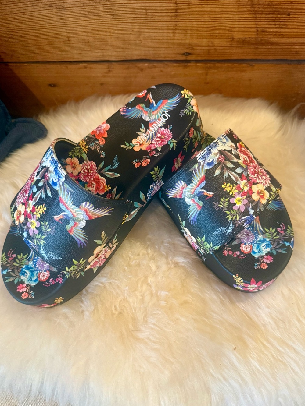 Johnny Was Black Floral & Bird Slide Sandals